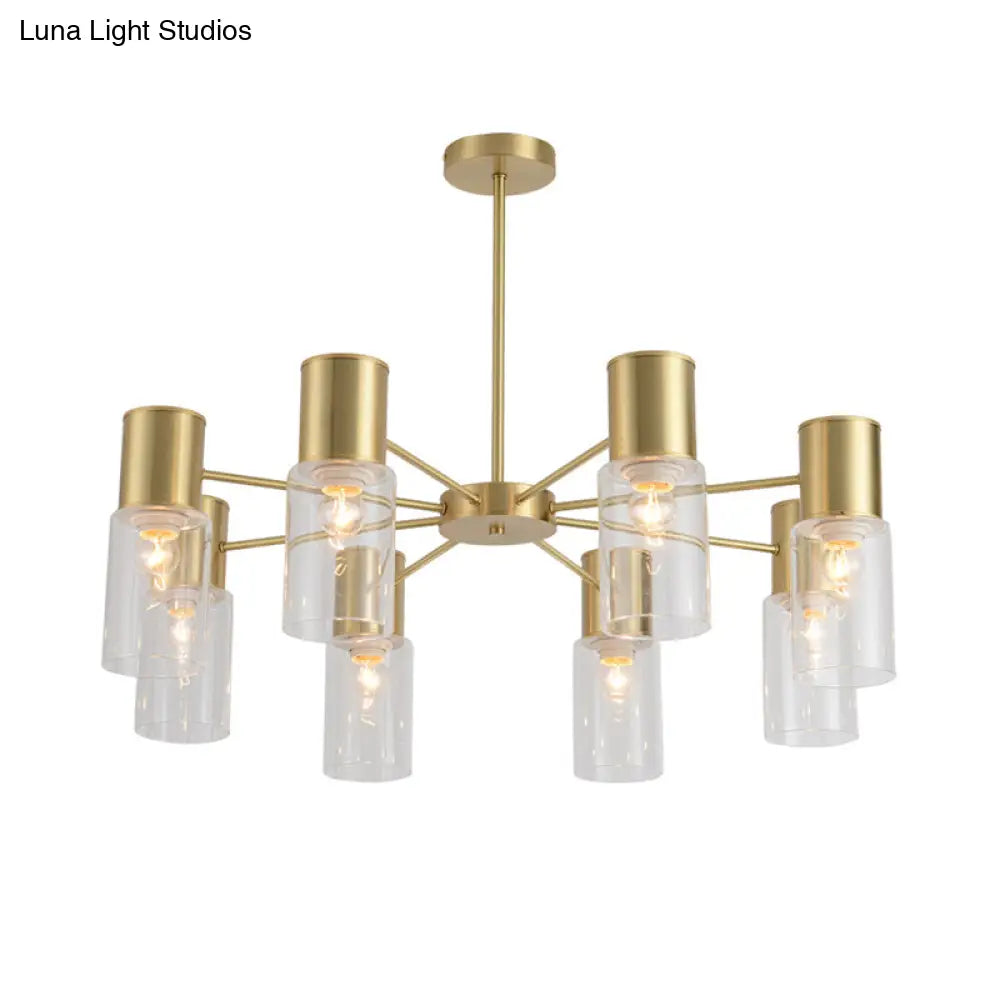 Contemporary 8-Light Brass Chandelier With Clear Glass Shade