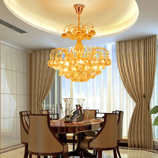 Contemporary 8-Light Chrome/Gold Cascade Chandelier With Crystal Ball Shade 16’/19.5’ Wide Gold