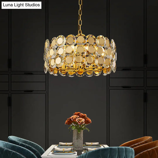 Contemporary 8-Light Crystal Block Chandelier With Brass Finish Drum Pendant