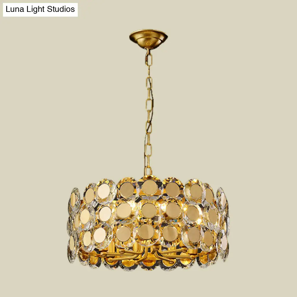 Contemporary 8-Light Crystal Block Drum Pendant Light Kit With Brass Finish