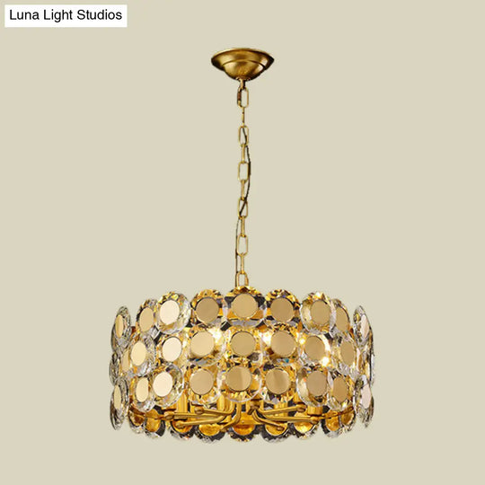 Contemporary 8-Light Crystal Block Drum Pendant Light Kit With Brass Finish