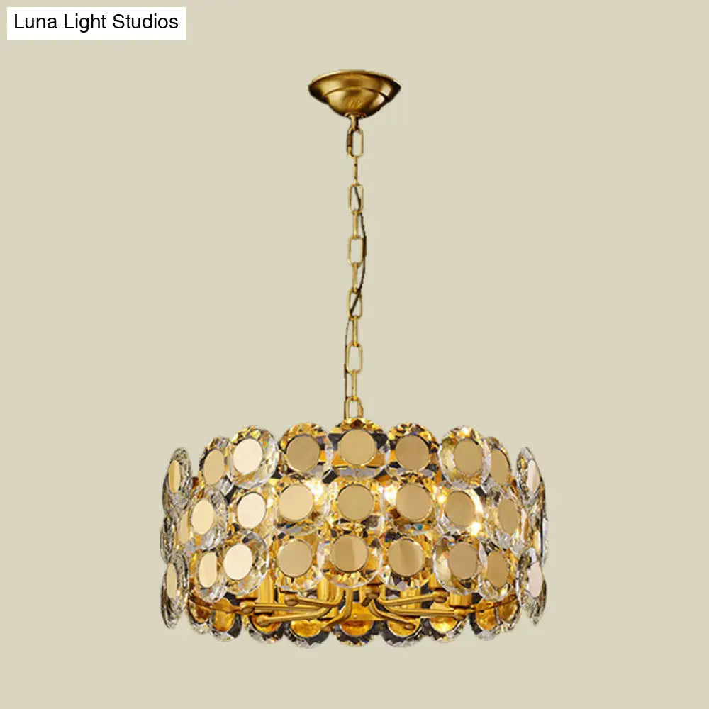 Contemporary 8-Light Crystal Block Chandelier With Brass Finish Drum Pendant