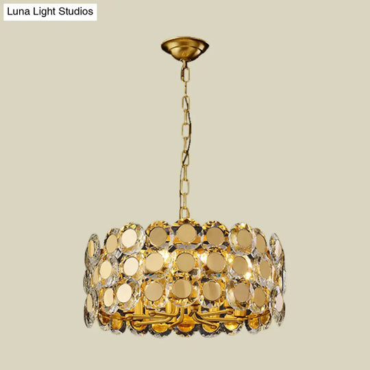 Contemporary 8-Light Crystal Block Chandelier With Brass Finish Drum Pendant