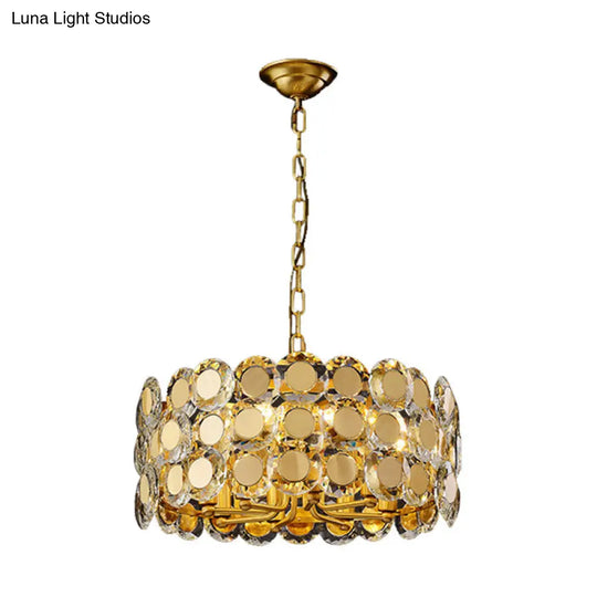 Contemporary 8-Light Crystal Block Chandelier With Brass Finish Drum Pendant