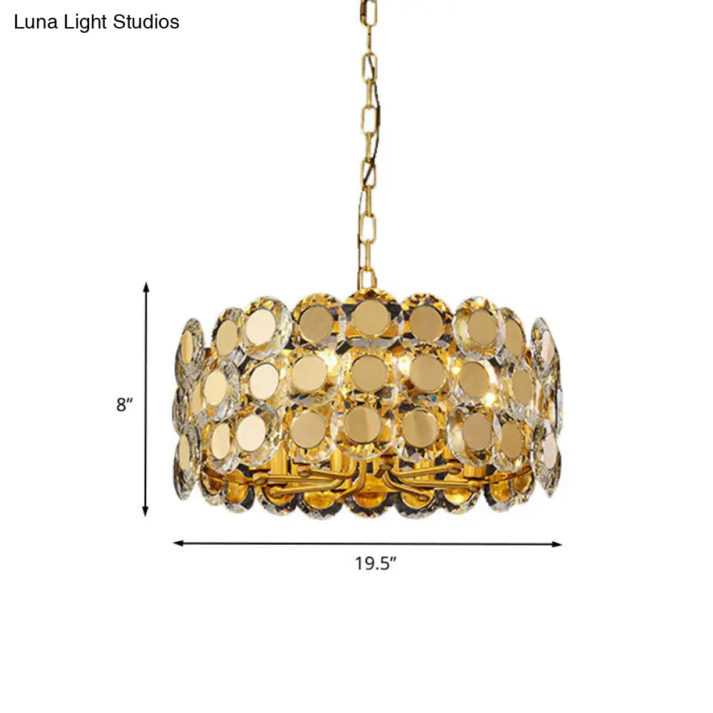 Contemporary 8-Light Crystal Block Chandelier With Brass Finish Drum Pendant