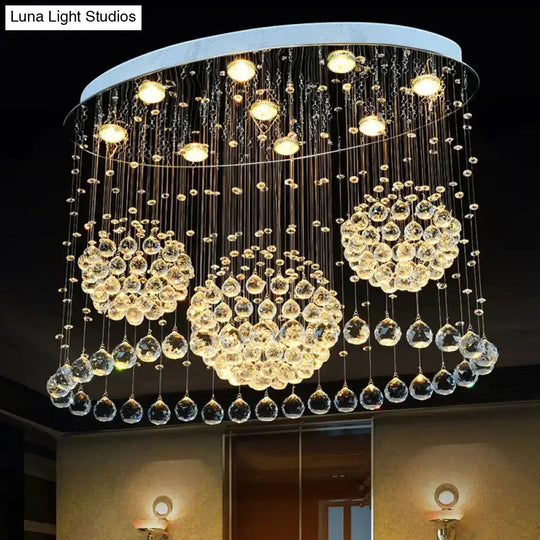 Contemporary 9-Bulb Crystal Drape Flushmount Ceiling Light For Bedroom - Modern Stainless Steel