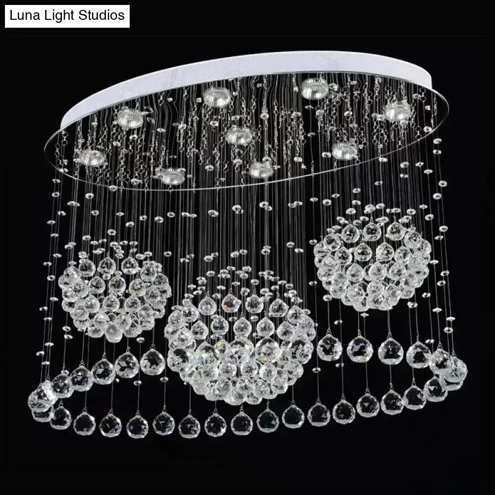 Contemporary 9-Bulb Crystal Drape Flushmount Ceiling Light For Bedroom - Modern Stainless Steel