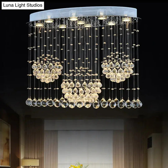 Contemporary 9-Bulb Crystal Drape Flushmount Ceiling Light For Bedroom - Modern Stainless Steel