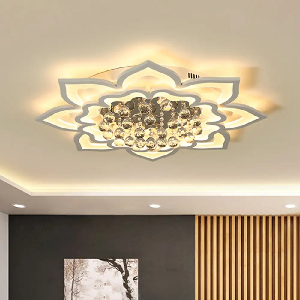 Contemporary Acrylic Flower Flush Light With Led Crystal Droplets - White