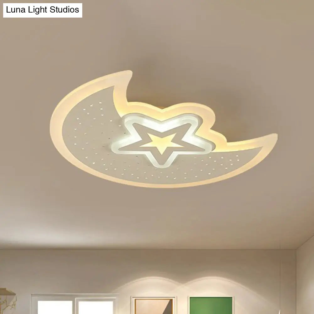 Contemporary Acrylic Flush Mount Ceiling Light With Crescent And Star Design - White Led Lighting