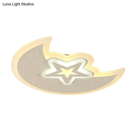 Contemporary Acrylic Flush Mount Ceiling Light With Crescent And Star Design - White Led Lighting