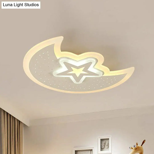 Contemporary Acrylic Flush Mount Ceiling Light With Crescent And Star Design - White Led Lighting