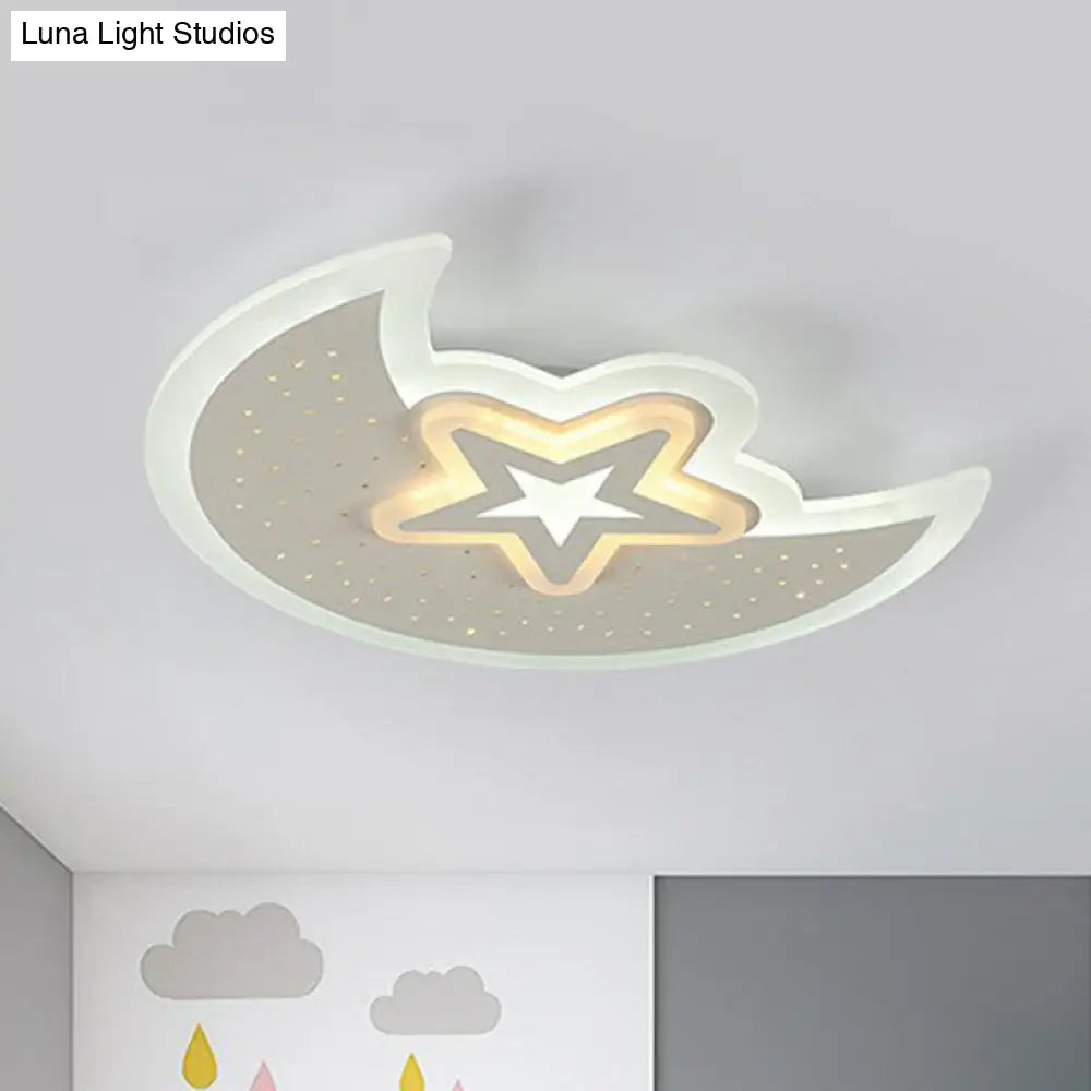 Contemporary Acrylic Flush Mount Ceiling Light With Crescent And Star Design - White Led Lighting