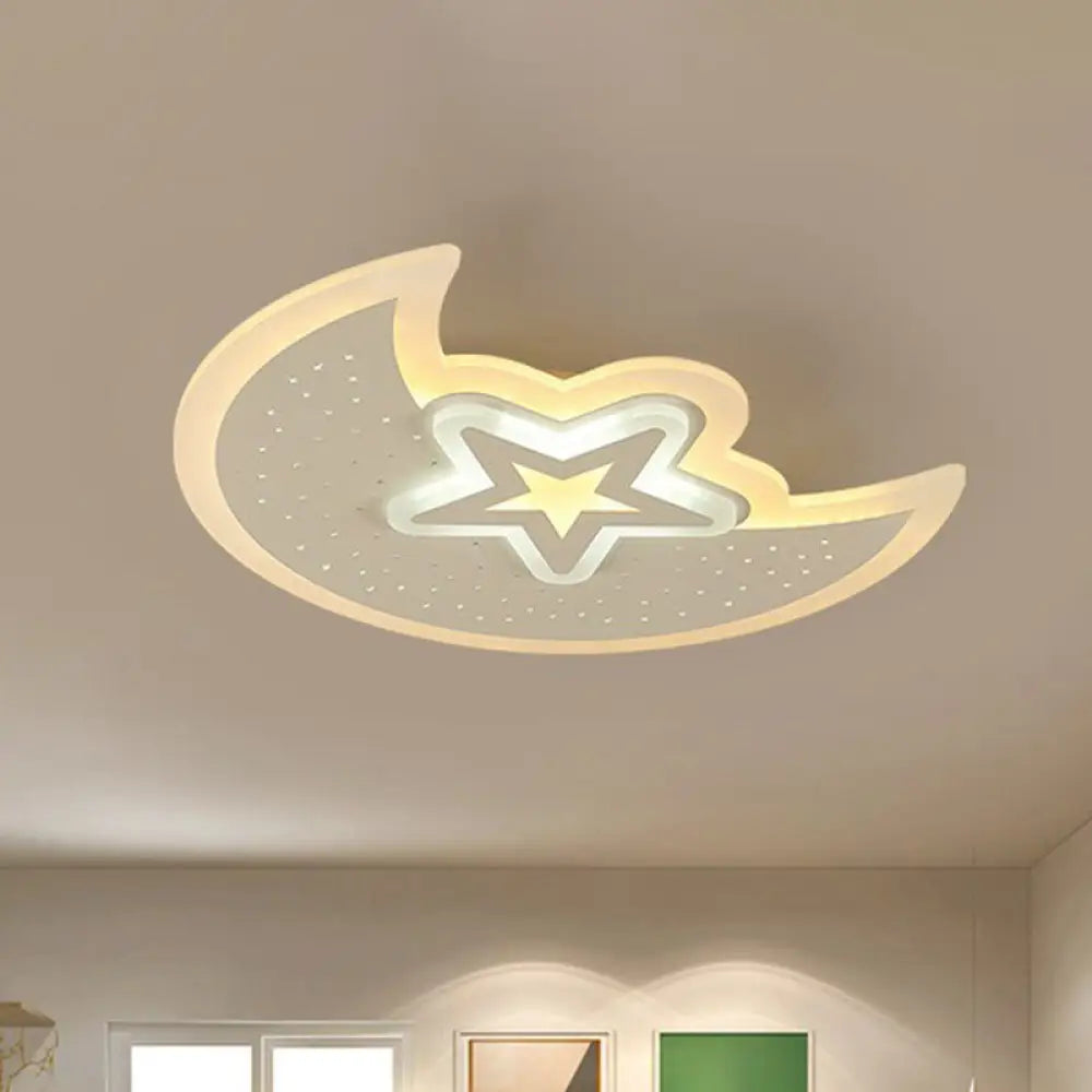 Contemporary Acrylic Flush Mount Ceiling Light With Crescent And Star Design - White Led Lighting