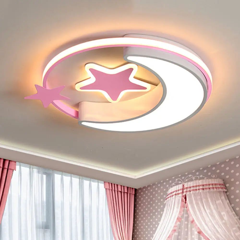 Contemporary Acrylic Flushmount Light For Kids Bedroom - Crescent And Star Design In Pink/Gold/Blue