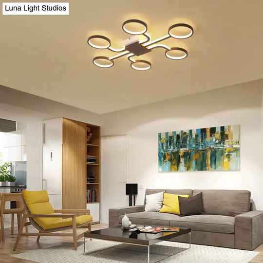 Contemporary Acrylic Led Ceiling Lamp - Flush Mount 4/5-Head Dark Coffee Warm/White Light 19.5/39 W