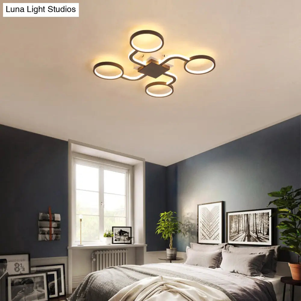 Contemporary Acrylic Led Ceiling Lamp - Flush Mount 4/5-Head Dark Coffee Warm/White Light 19.5/39 W