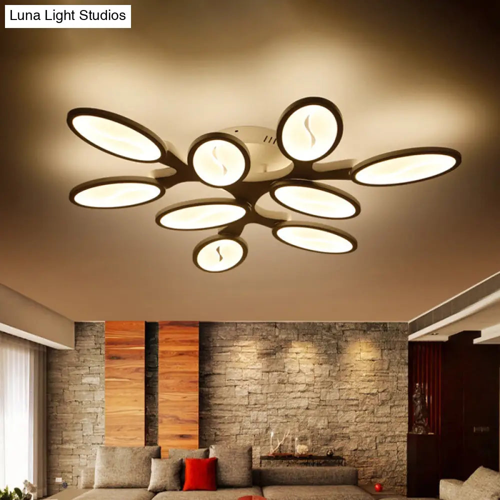 Contemporary Acrylic Oval-Leaf Branch Semi Flush Light - 6/9/12 Lights White Led Ceiling Lamp