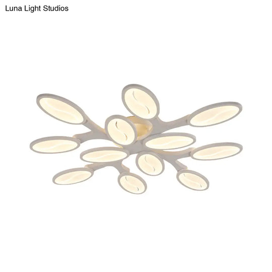 Contemporary Acrylic Oval - Leaf Branch Semi Flush Light - 6/9/12 Lights White Led Ceiling Lamp