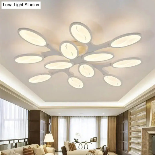 Contemporary Acrylic Oval-Leaf Branch Semi Flush Light - 6/9/12 Lights White Led Ceiling Lamp