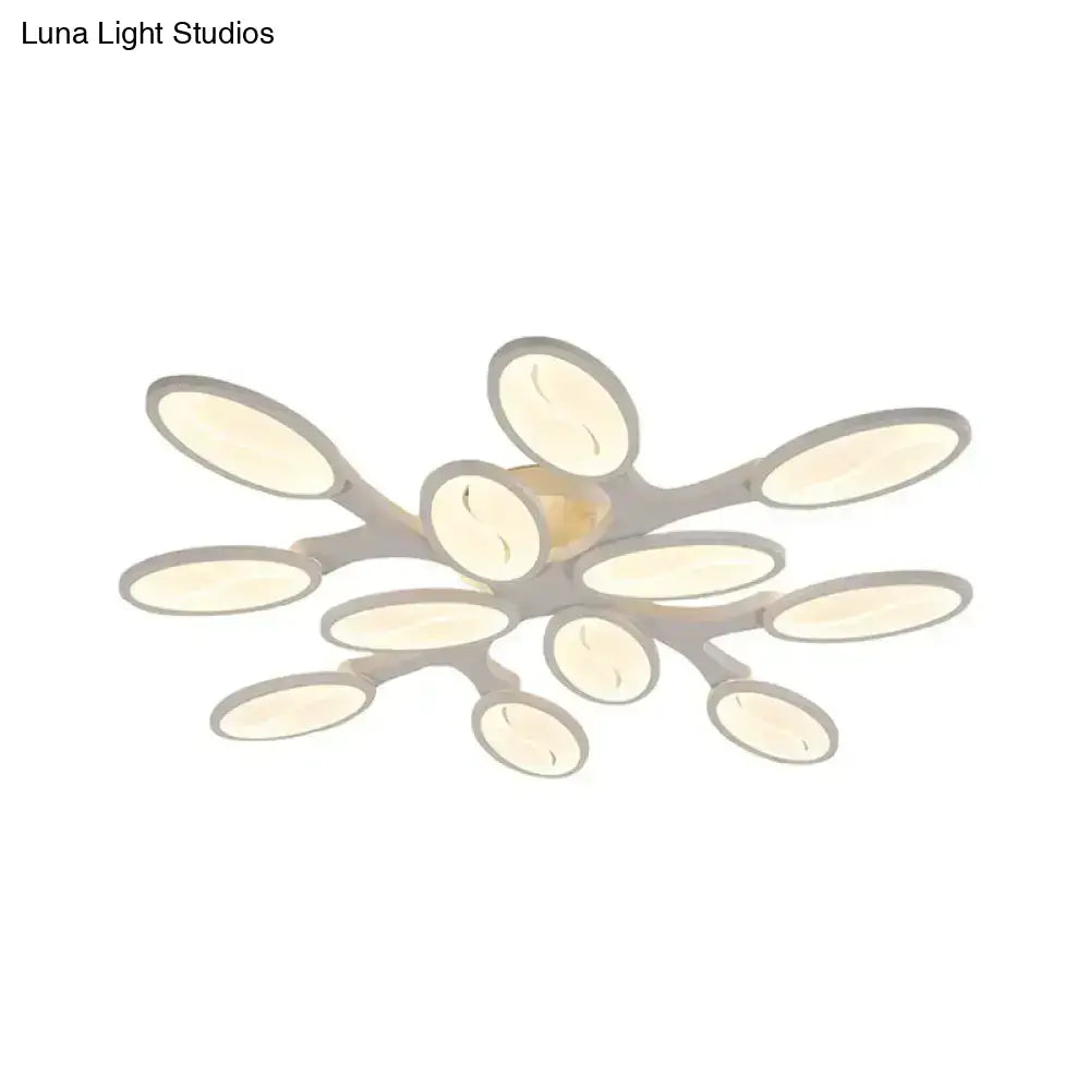 Contemporary Acrylic Oval-Leaf Branch Semi Flush Light - 6/9/12 Lights White Led Ceiling Lamp