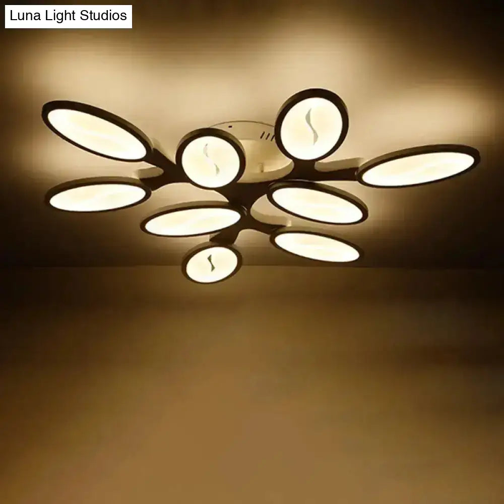 Contemporary Acrylic Oval-Leaf Branch Semi Flush Light - 6/9/12 Lights White Led Ceiling Lamp