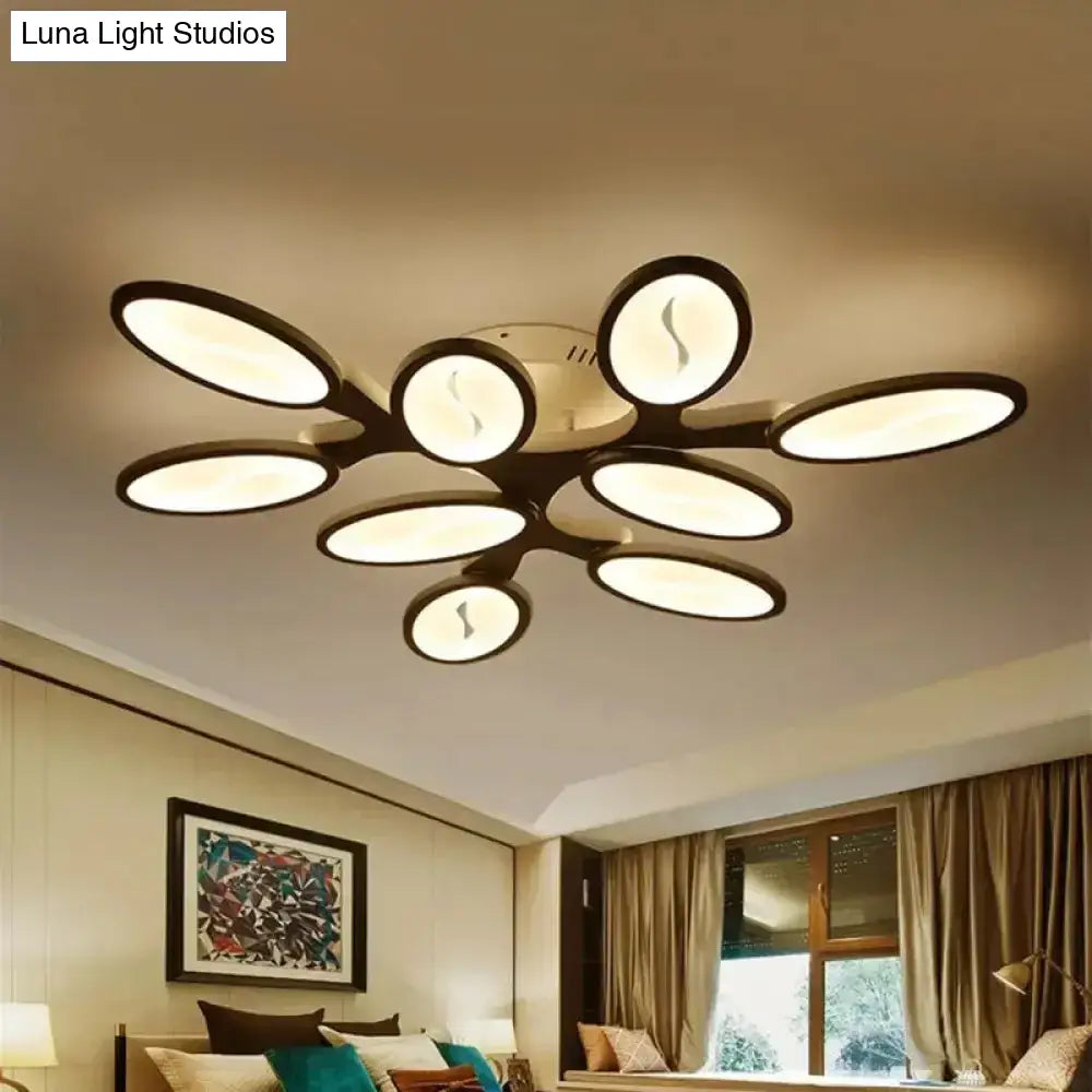 Contemporary Acrylic Oval-Leaf Branch Semi Flush Light - 6/9/12 Lights White Led Ceiling Lamp