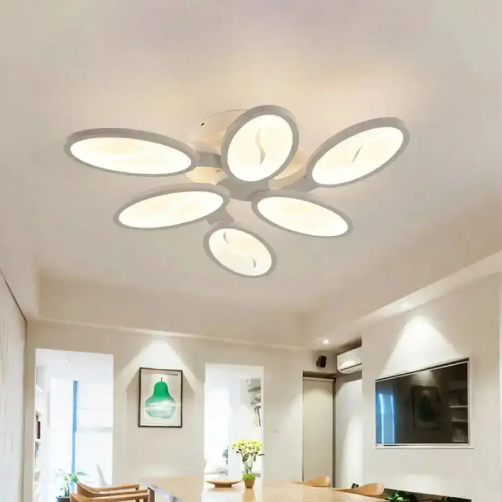 Contemporary Acrylic Oval-Leaf Branch Semi Flush Light - 6/9/12 Lights White Led Ceiling Lamp