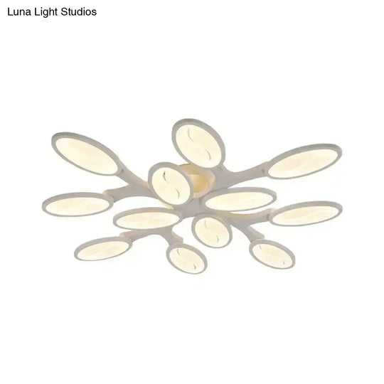 Contemporary Acrylic Oval-Leaf Branch Semi Flush Light - 6/9/12 Lights White Led Ceiling Lamp