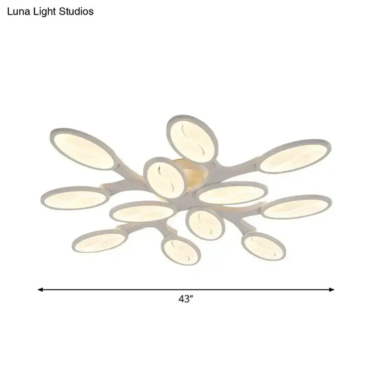 Contemporary Acrylic Oval-Leaf Branch Semi Flush Light - 6/9/12 Lights White Led Ceiling Lamp