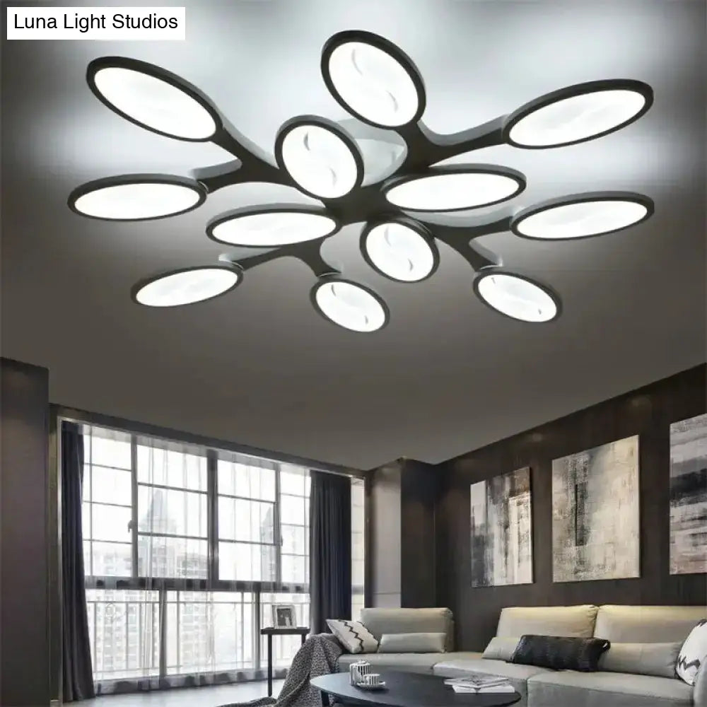 Contemporary Acrylic Oval-Leaf Branch Semi Flush Light - 6/9/12 Lights White Led Ceiling Lamp