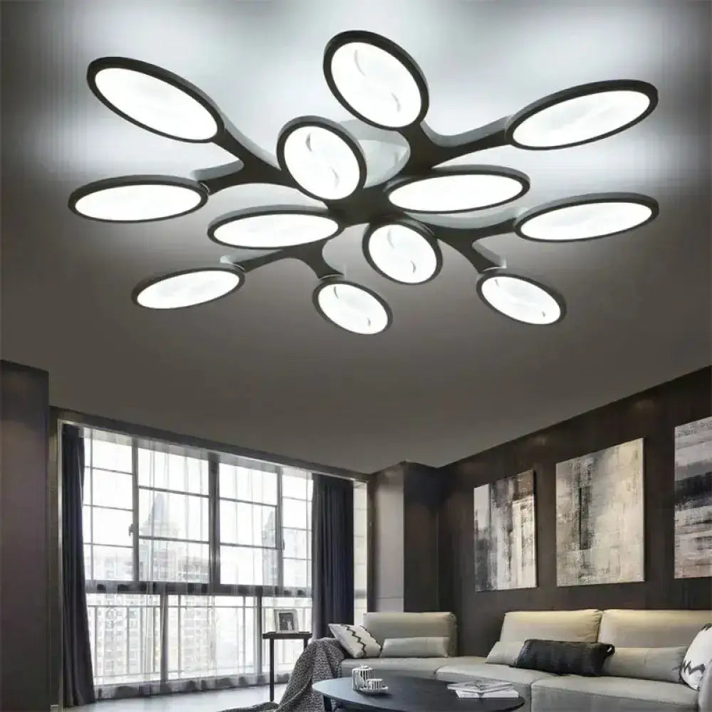 Contemporary Acrylic Oval-Leaf Branch Semi Flush Light - 6/9/12 Lights White Led Ceiling Lamp