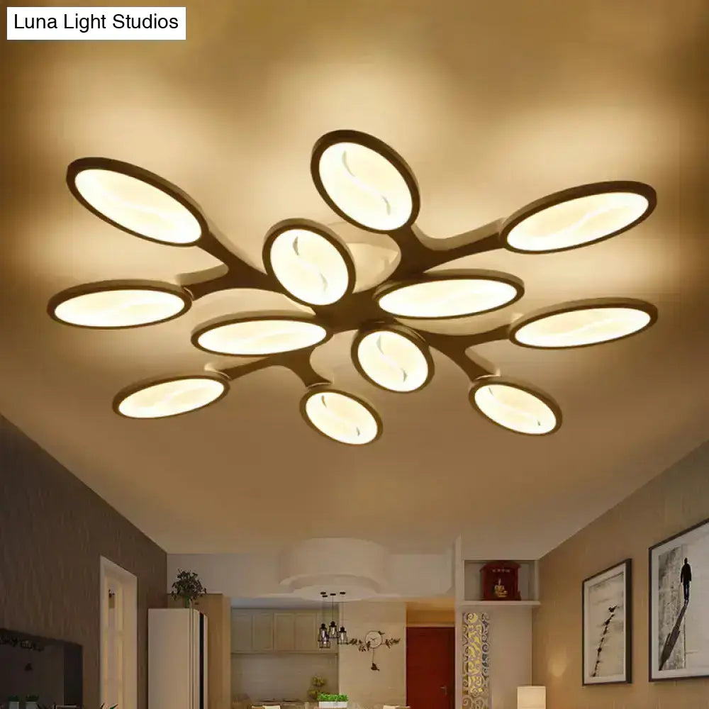 Contemporary Acrylic Oval-Leaf Branch Semi Flush Light - 6/9/12 Lights White Led Ceiling Lamp