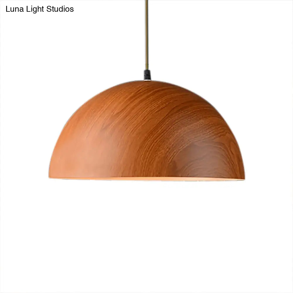 Contemporary Aluminum Domed Pendant Light With Wood Design - Brown Tones