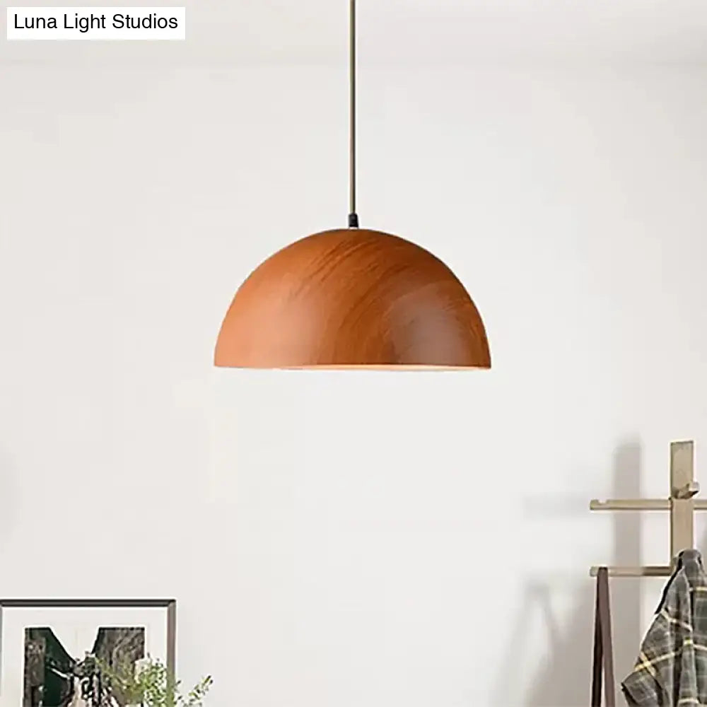 Contemporary Aluminum Domed Pendant Light With Wood Design - Brown Tones