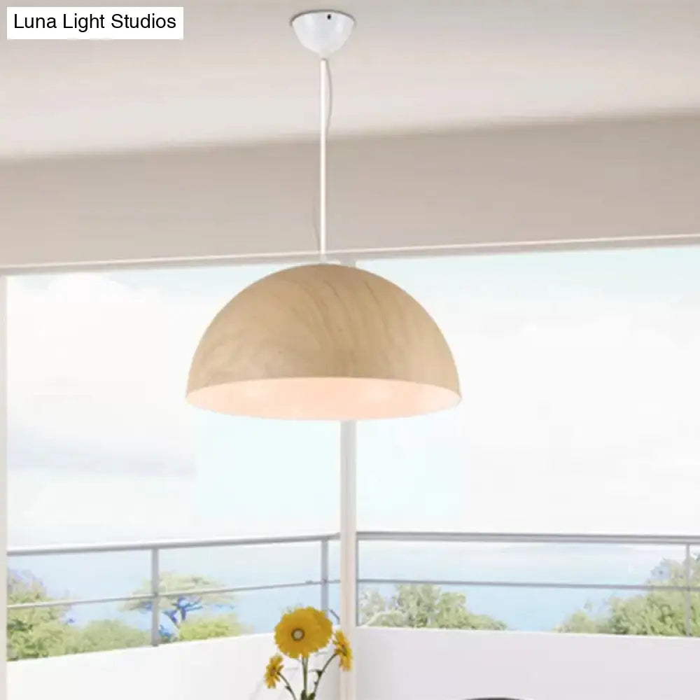 Contemporary Aluminum Domed Pendant Light With Wood Design - Brown Tones