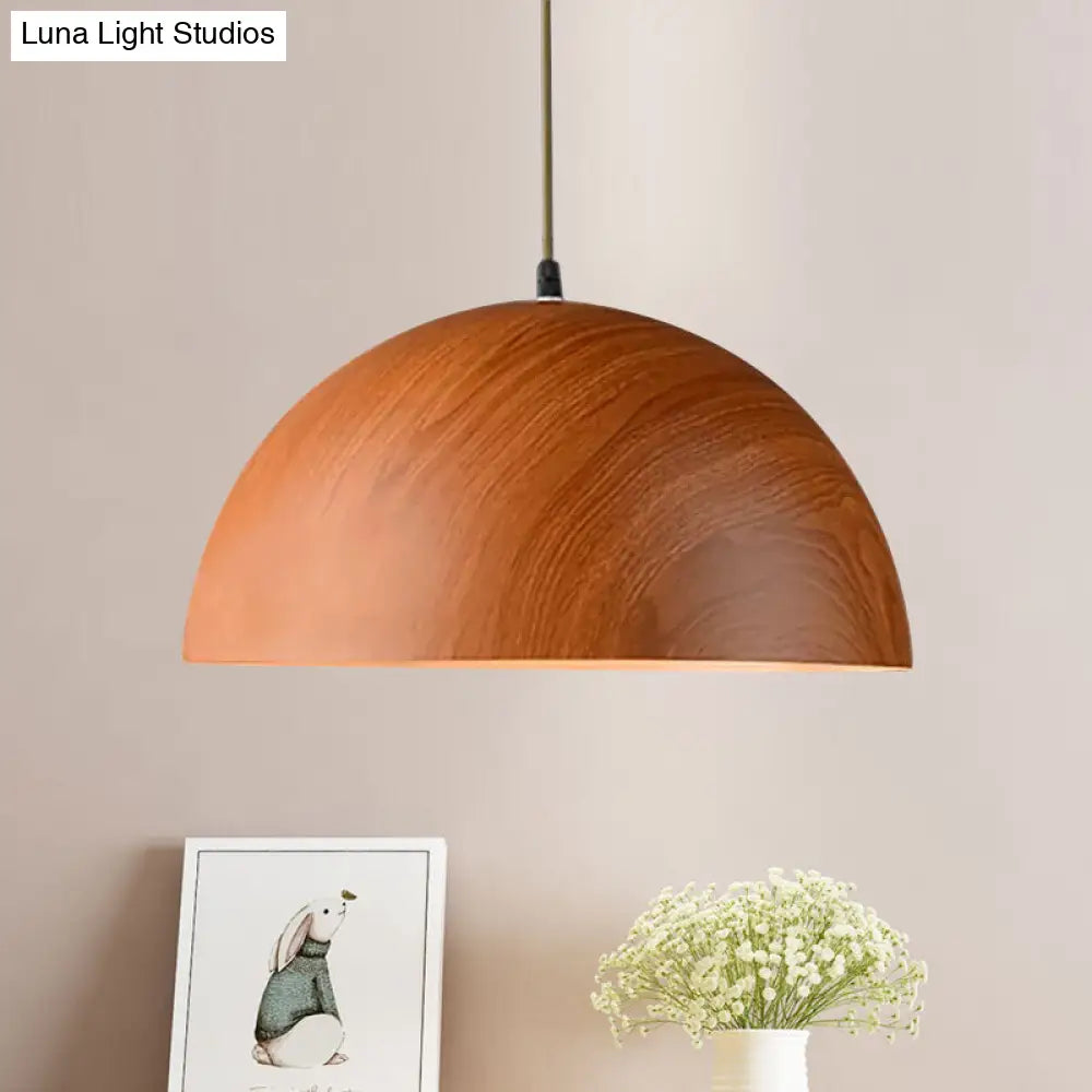 Contemporary Aluminum Domed Pendant Light With Wood Design - Brown Tones