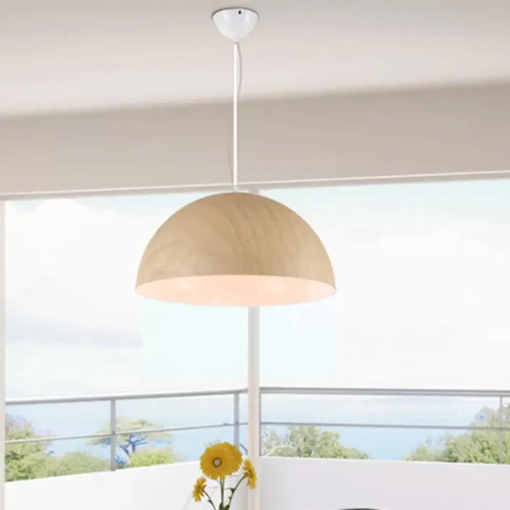 Contemporary Aluminum Domed Pendant Light With Wood Design In Dark Brown/Light Brown - Balcony