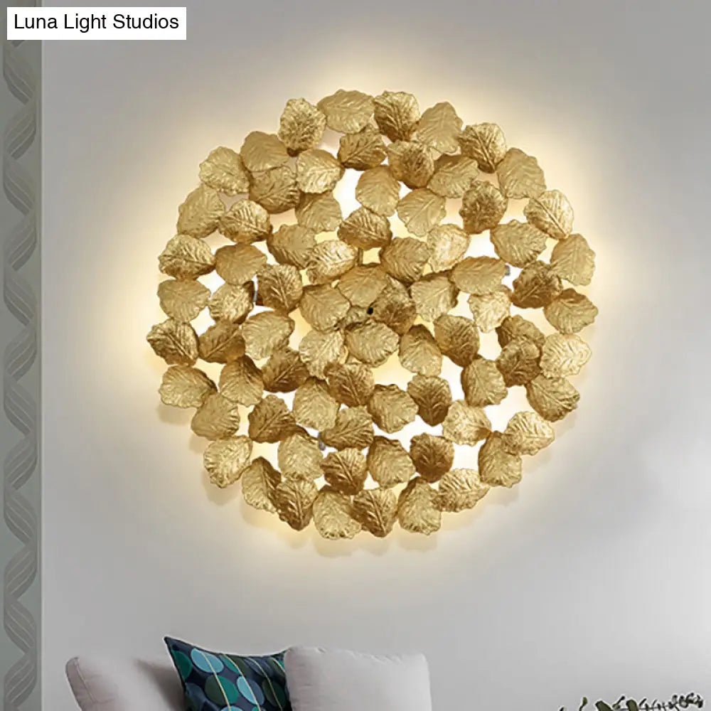 Contemporary Aluminum Wall Lamp With Leaf Design - 4 Round Dark Coffee/Gold Lights