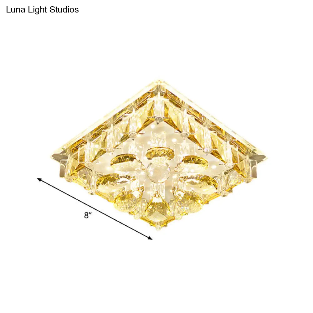 Contemporary Amber Crystal Flushmount Ceiling Lamp - Square Led Light Fixture For Stairs In