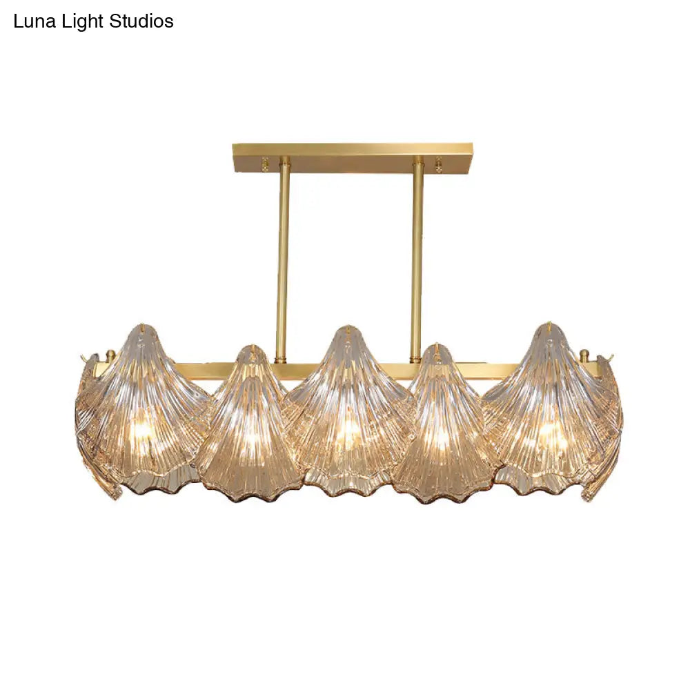 Contemporary Amber Crystal Pendant Light With Brass Island Lighting - 8 Lights Linear Metal Arm