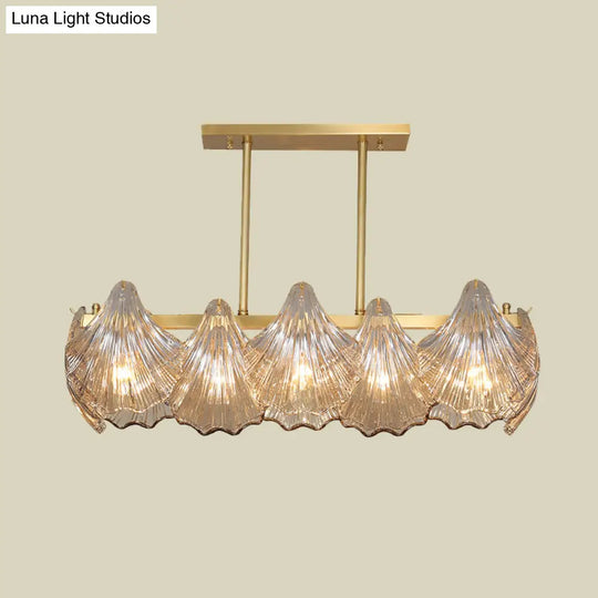 Contemporary Amber Crystal Pendant Light With Brass Island Lighting - 8 Lights Linear Metal Arm