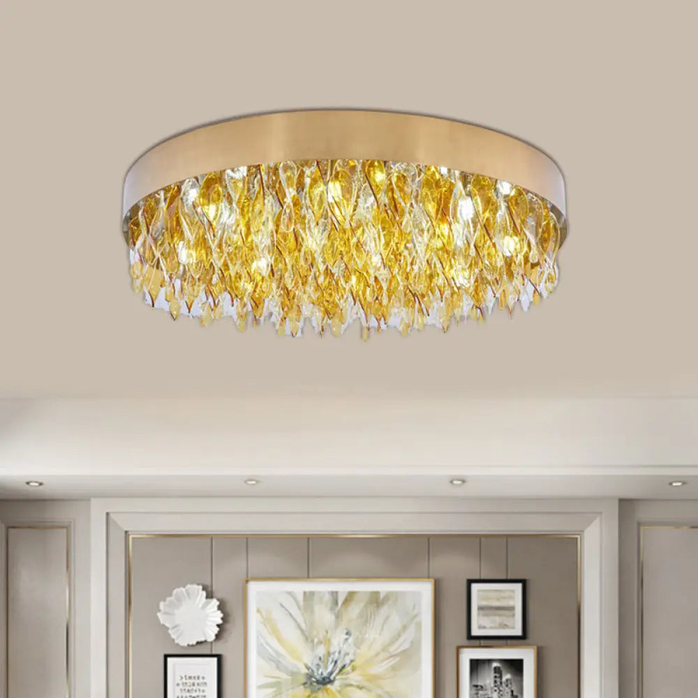Contemporary Amber Crystal Teardrop Flush Mount Ceiling Fixture - 6 Lights Bedroom Gold