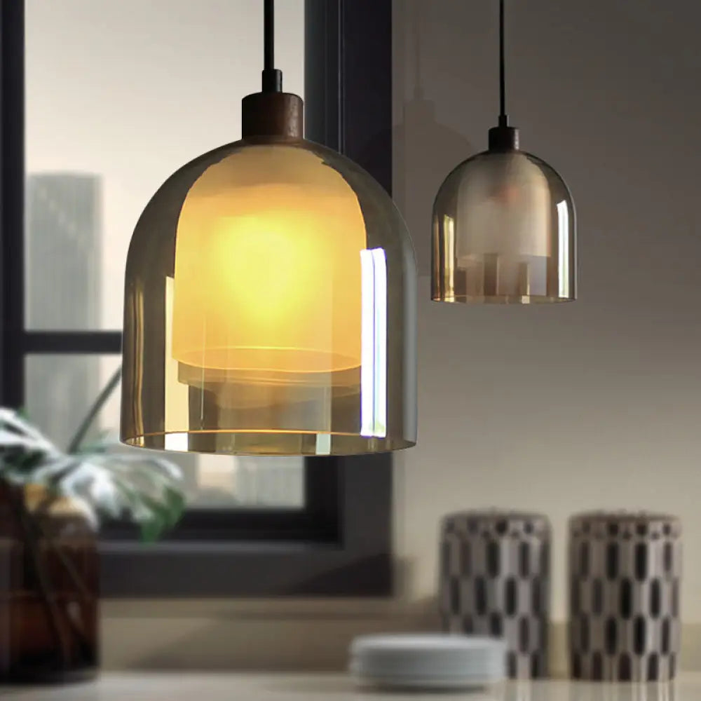 Contemporary Amber Glass Bell Pendant Light With Bronze Ceiling Lamp – Inner Shade