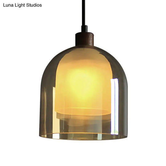 Contemporary Amber Glass Bell Pendant Light With Bronze Ceiling Lamp – Inner Shade