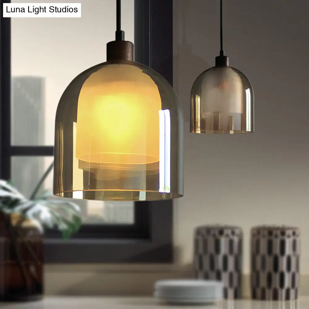 Contemporary Amber Glass Bell Pendant Light With Bronze Finish