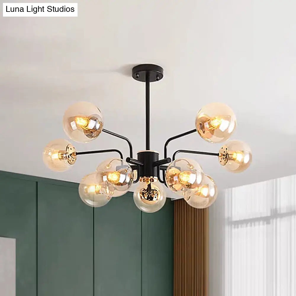 Contemporary Amber Glass Chandelier: Sphere Pendant Ceiling Light With 10 Bulbs Black Finish