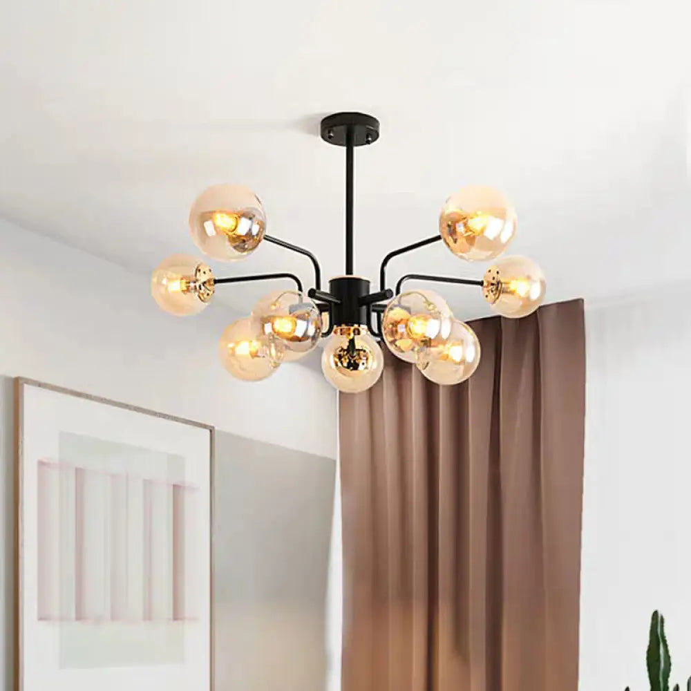 Contemporary Amber Glass Chandelier - 10-Bulb Sphere Pendant Ceiling Light In Black For Living Room