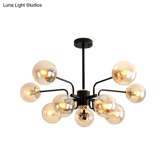 Contemporary Amber Glass Chandelier - 10-Bulb Sphere Pendant Ceiling Light In Black For Living Room