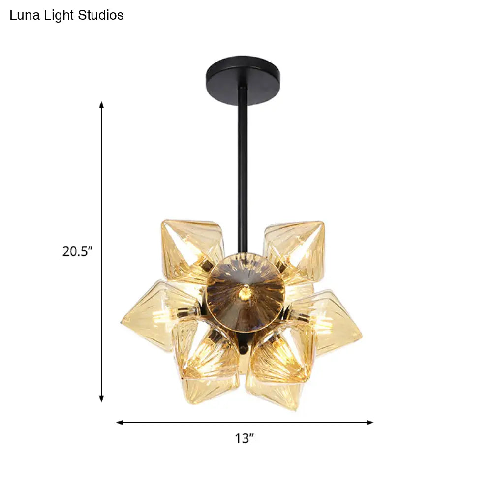 Contemporary Amber Glass Diamond Chandelier: Elegant Pendant Light With 9/12 Bulbs For Living Room